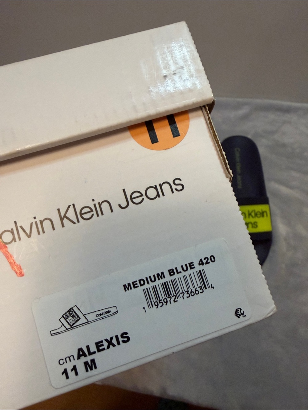 Men’s Calvin Klein Jeans Black Slides with Neon Yellow Logo Band - Picture 2 of 2